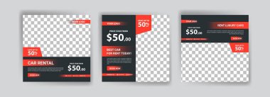 Otomotiv kiralama servisi için sosyal medya şablonu. Sosyal medya reklamları, web reklamları, iş mesajları, indirim broşürleri ve büyük satış afişleri için pankart vektörü.