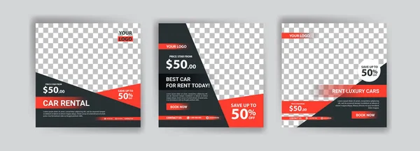Otomotiv kiralama servisi için sosyal medya şablonu. Sosyal medya reklamları, web reklamları, iş mesajları, indirim broşürleri ve büyük satış afişleri için pankart vektörü.