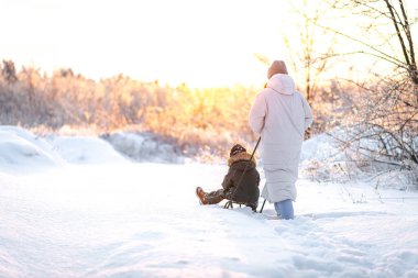 Genç bir anne, oğlunu gün batımına karşı karlı bir alanda kızakla kaymaya götürür. Kış, annelik ve kış aktiviteleri kavramı..