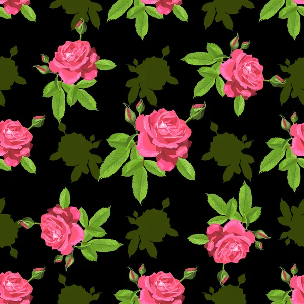 Seamless pattern with roses on a black background — Stock Vector