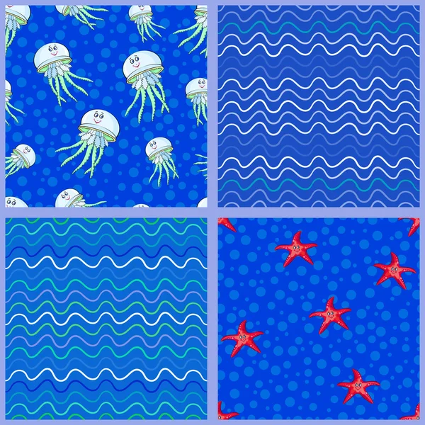 Méduses, étoiles de mer et vagues — Image vectorielle