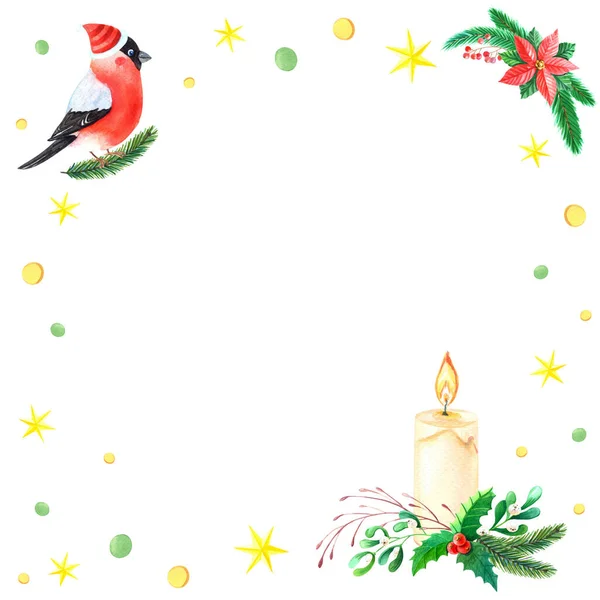Carte aquarelle avec Bullfinch, bougie, branches d'arbres verts, feuilles de houx, berries.Cadre d'hiver.Oiseau Robin aux plumes rouges. — Photo