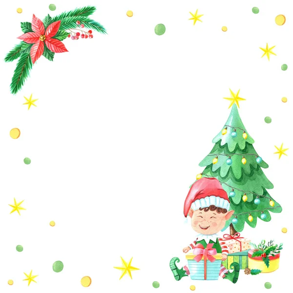 Acquerello ragazzo elfo di Natale con scatola vicino all'albero di Natale. Piccolo aiutante di Babbo Natale in abito a righe con cappello.Acquerello Graziosa illustrazione per bambini. — Foto Stock