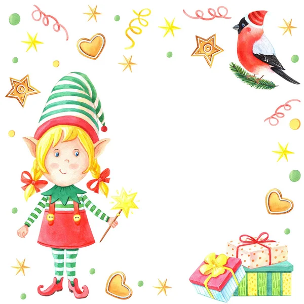 Tarjeta de Navidad acuarela con elfo chica con varita mágica, Bullfinch, hombre de jengibre. Pájaro Robin de invierno con plumas rojas en el pecho. Pequeño ayudante de Santa —  Fotos de Stock