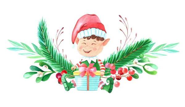 ボックス トウヒ 緑の小枝 ベリーと水彩クリスマスエルフの少年 帽子とストライプのスーツでサンタクロースの小さなヘルパー 子供のためのかわいいイラスト — ストック写真