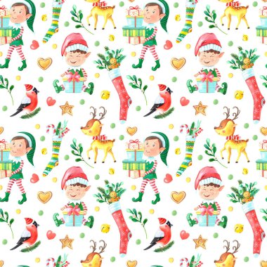 Noel suluboya desenli elf çocuk, geyik, Holly, boğa ispinozu, zencefilli ekmek, hediye kutusu, yeşil yapraklar, çorap, beyaz arka planda çam. Yeni yıl için elle çizilmiş kış çizimi. Tekstil baskısı..