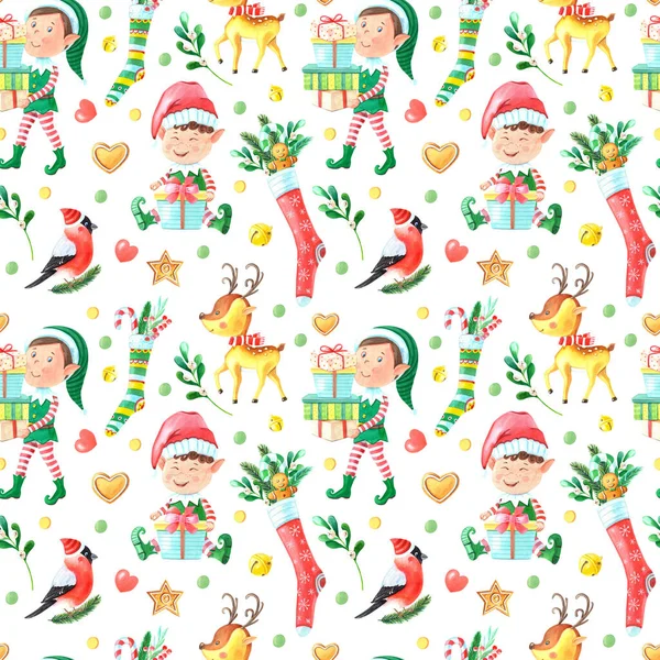 Christmas Watercolor Seamless Pattern Elf Boy Deer Holly Bullfinch Gingerbread — 스톡 사진