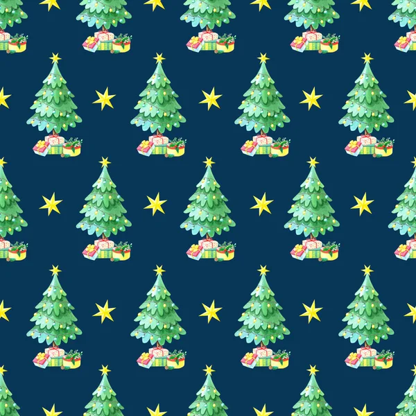 Watercolor Seamless Pattern Green Christmas Tree Gift Boxes Winter Cartoon — 스톡 사진