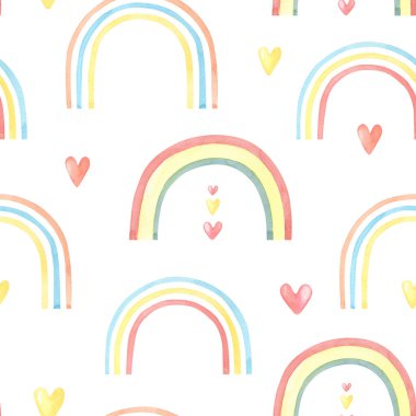 Beyaz arkaplanda suluboya çok renkli gökkuşağı. Kalpli kusursuz desen. Suluboya çizimi.