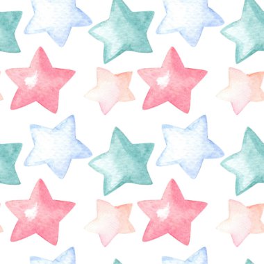 Beyaz arkaplanda çok renkli yıldızlı suluboya deseni. Suluboya el çizimi.