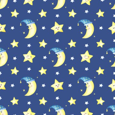 Hilal ay ve yıldızlar koyu mavi bir arkaplanda. Çocuklar için kusursuz bir desen. İyi geceler resimlerinin elle çizilmiş suluboya çizimi. Çocukların tebrik kartlarını basmak için el yapımı resimler, bebek eşyaları..
