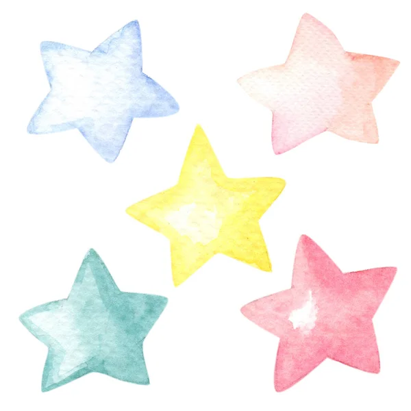 Akvarell sömlös mönster med flerfärgade stjärnor på en vit bakgrund.Akvarell handgjorda illustration — Stockfoto