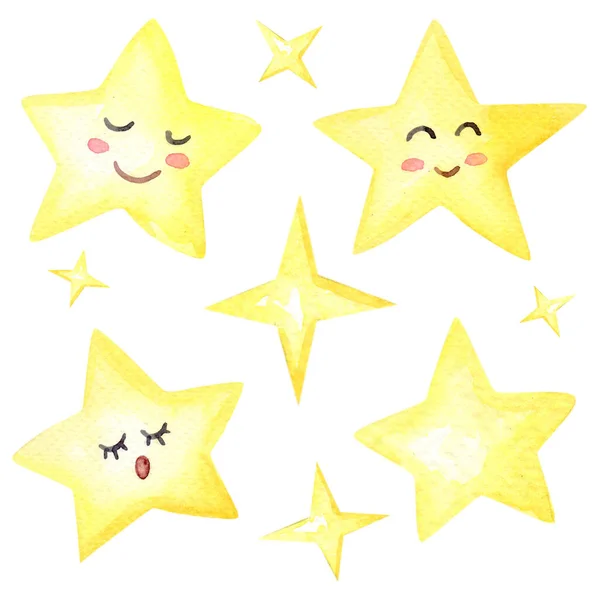 Akvarell uppsättning gula stjärnor.Isolerad på vit bakgrund. Handmålad akvarell illustration — Stockfoto