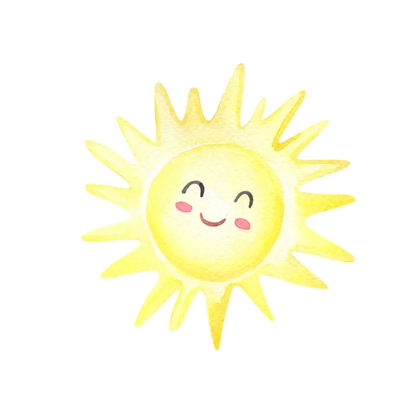 Aquarell-Karikatur Sonne auf weißem Hintergrund. Handgezeichnete Karte für Kinder. Aquarelle Sommerillustration — Stockfoto