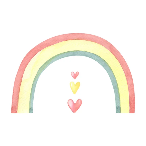 Acuarela arco iris lindo con corazones sobre fondo blanco.Color Ilustración de acuarela — Foto de Stock