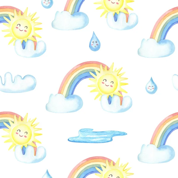 Akvarell flerfärgad regnbåge, gul sol, moln, droppe, regn på vit bakgrund.Sömlös mönster med färg realistiska spektrum båge.Akvarell illustration — Stockfoto