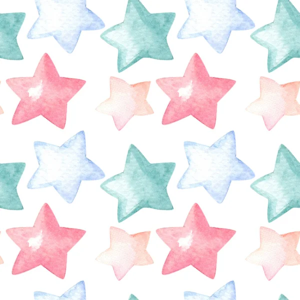 Beyaz arkaplanda çok renkli yıldızlı suluboya deseni. Suluboya el çizimi.