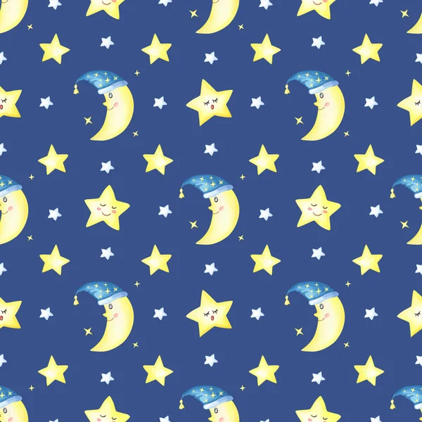 Halvmåne Och Stjärnor Mörkblå Bakgrund Sömlöst Mönster För Barn Handritad — Stockfoto