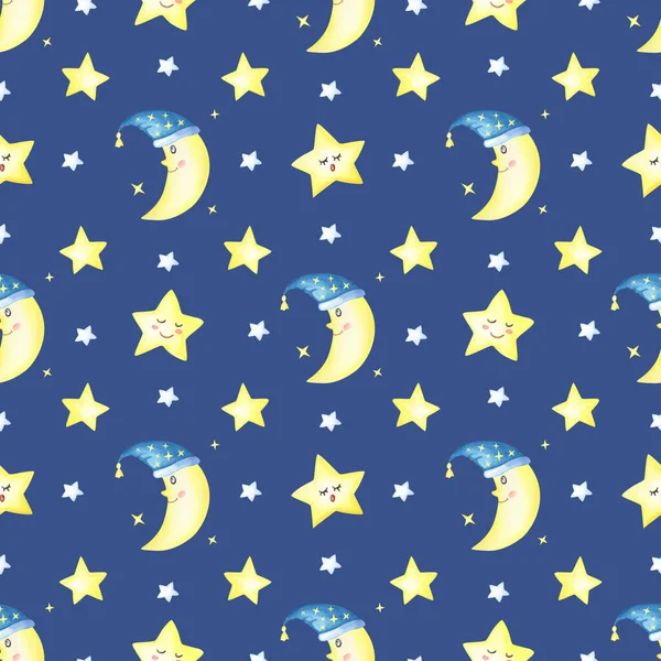 Crescent moon and stars on a dark blue background.Seamless pattern for kids.Hand-drawn watercolour illustration of Good night. Hand-made picture for printing children's greeting cards,baby things.