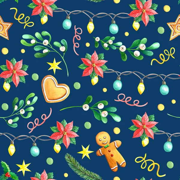 Aquarell Weihnachten Nahtlose Muster Mit Lebkuchen Weihnachtsstern Mistel Fichtenzweig Heilige — Stockfoto