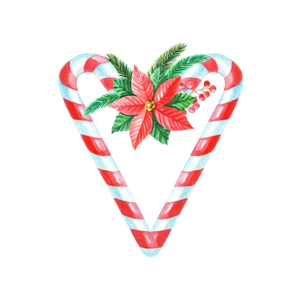 Acquerello Buon Natale cuore di bastoncini di caramelle con poinsettia rossa, agrifoglio, bacche, ramoscelli verdi pino, abete rosso, su sfondo bianco.Capodanno — Foto Stock