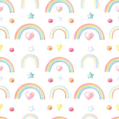 Beyaz arka planda suluboya çok renkli gökkuşağı. Kalpli, yıldızlı, şekerli kusursuz desen. Suluboya.