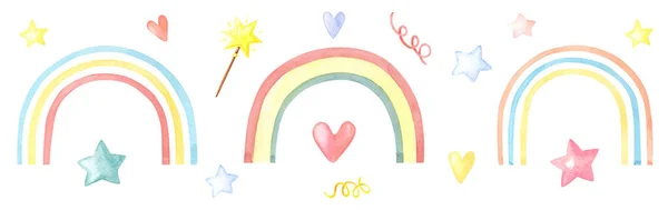 Conjunto de acuarela de arco iris lindo con corazones, estrellas, varita mágica sobre fondo blanco.Color Ilustración de acuarela para imprimir —  Fotos de Stock