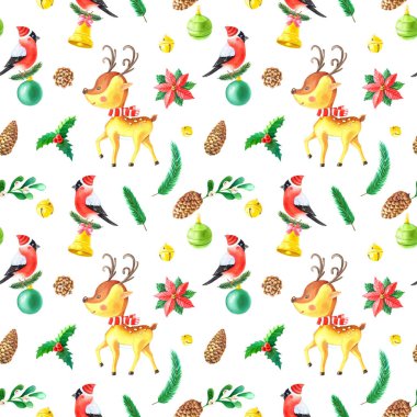 Noel suluboya desensiz. Geyik, Holly, ispinoz, böğürtlen, yeşil yapraklar, çan, beyaz arka planda çam kozalağı. El yapımı kış.