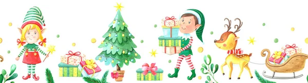 Υδατογραφία Χριστουγεννιάτικο σύνορο με χριστουγεννιάτικο δέντρο, κορίτσι-ξωτικό, ελάφι, πεύκο, έλατο, έλκηθρο — Φωτογραφία Αρχείου