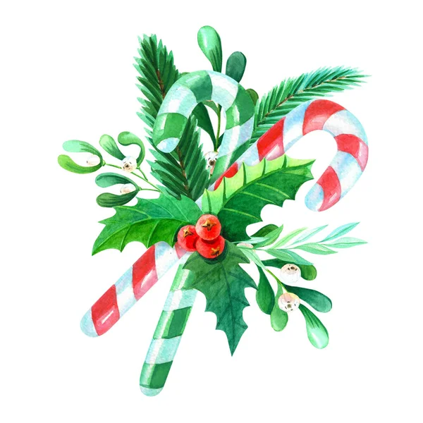 수채화 메리 크리스마스 부케와 홀리, 나뭇잎, 딸기, 소나무, 가문비나무, 푸른 잔가지가 흰색 배경에 있다. 새해 꽃꽂이 — 스톡 사진