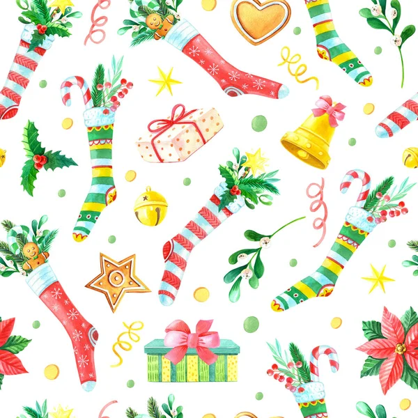 Watercolor Christmas seamless pattern with sock,candy stick,bell,gingerbread,spruce branch, Holy berries on a white background.Holiday illustration for the New Year — Stock Photo, Image
