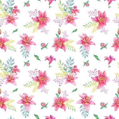 Suluboya pembe zambaklar. Kusursuz desen. Beyaz arkaplanda çiçekler. Suluboya resimleme baskı için kullanılabilir,