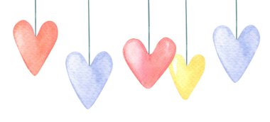 Suluboya kırmızı, pembe, sarı, leylak kalpler. Sevgililer Günü için suluboya çizimi. Aşkın sembolü. Kartlar için dekoratif unsur.