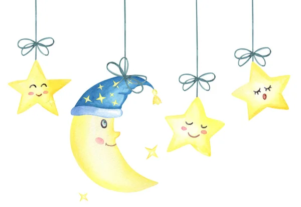 Luna di mezzaluna e stelle carine su uno sfondo bianco.Illustrazione ad acquerello disegnata a mano di Buona notte. Quadro fatto dalla mano per stampare biglietti di auguri per bambini, manifesti — Foto Stock