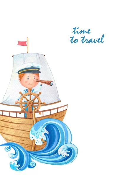 Tarjeta de acuarela pequeño capitán al volante en ahoy barco de madera.Lindo marinero de dibujos animados mira a través de un telescopio. — Foto de Stock