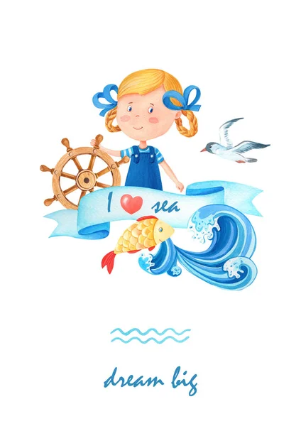 Aquarel cartoon kaart met leuke zeeman meisje in een zee-suit.Little kapitein aan het stuur wiel.Aquarel marine illustratie met golf, vis — Stockfoto