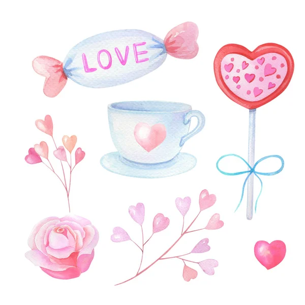 Watercolor set for Valentines Day with pink hearts, cup, candy, lollipop, rose.Watercolour clipart about love. — Stock Photo, Image