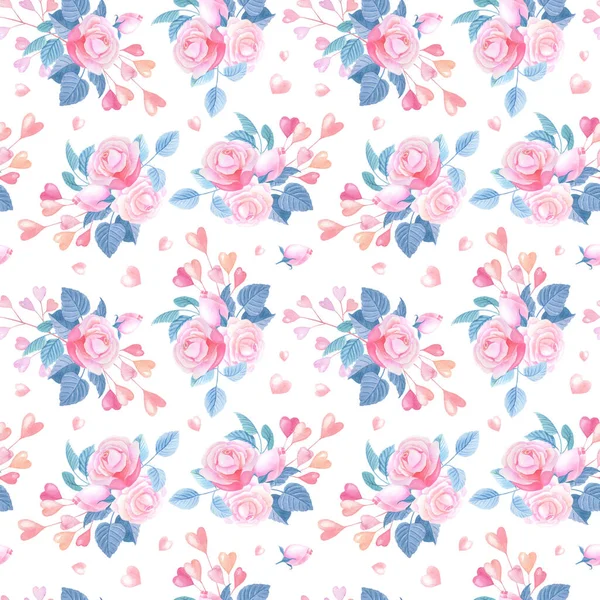 Rosa Aquarellherzen, Rosen auf weißem Hintergrund. Nahtloses Muster mit abstrakten Blüten.Valentinstag Aquarell Illustration für Druck, Textil — Stockfoto