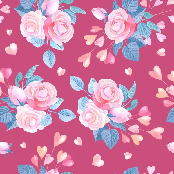 Rosafarbene Aquarellrosen, Herzen auf weißem Hintergrund. Nahtloses Muster mit abstrakten Blumen. Valentinstag Aquarell Illustration für Druck, Textil, Stoff, Packpapier, — Stockfoto