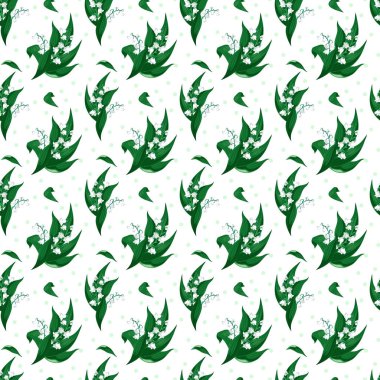 Vadi-Mayıs Çanları 'ndan Lilly, Convallaria Majalis beyaz arka planda yeşil yaprakları var. Çiçekler. Kusursuz desen..