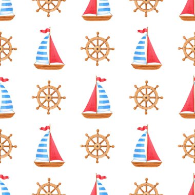 Ahşap gemi, direksiyon, suluboya deniz deseni. Beyaz arka planda deniz sembolleri olan suluboya yaz çizimi.