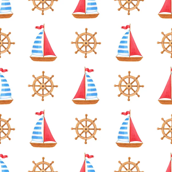 Watercolor marine seamless pattern with wooden ship,steering wheel.Watercolour summer illustration with sea symbols on a white background — Stock Photo, Image