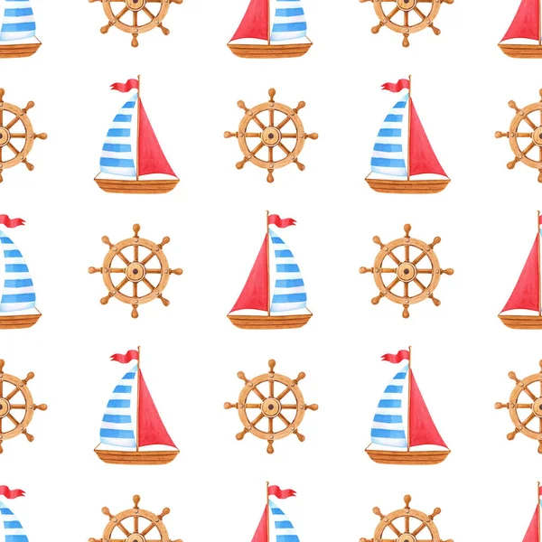 Watercolor marine seamless pattern with wooden ship,steering wheel.Watercolour summer illustration with sea symbols on a white background