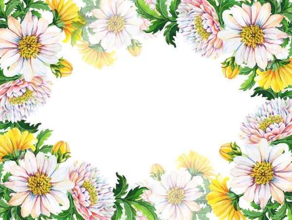 Tarjeta de felicitación acuarela, invitación con crisantemos sobre fondo blanco. Ilustración floral de verano, otoño — Foto de Stock