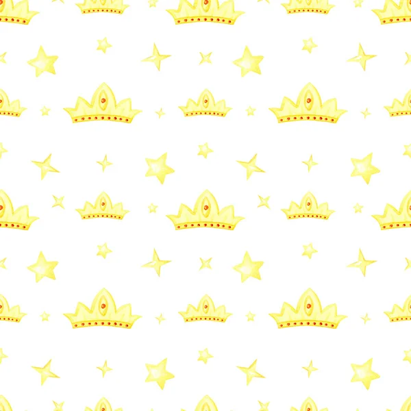 Akvarell guld krona, gula stjärnor på vit bakgrund.Sömlös mönster.Skriv ut för baby dusch, semester design — Stockfoto