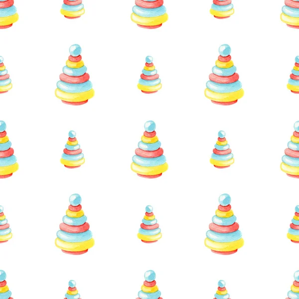 Акварель детская пирамида.Безглазый узор с цветной развивающей игрушкой на белом фоне — стоковое фото