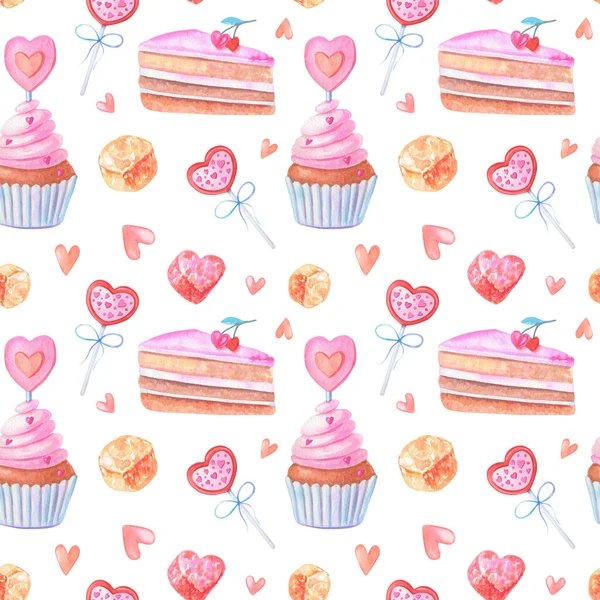 Watercolor seamless pattern with pink hearts, cakes, marmalades, sweets.Watercolour isolated image on a white background.Cute illustration — стоковое фото