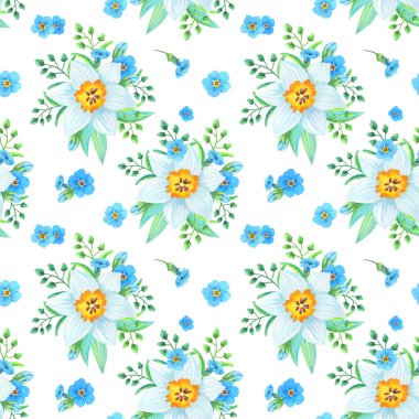 Beyaz arkaplanlı suluboya illüstrasyon, myosotis, nergis