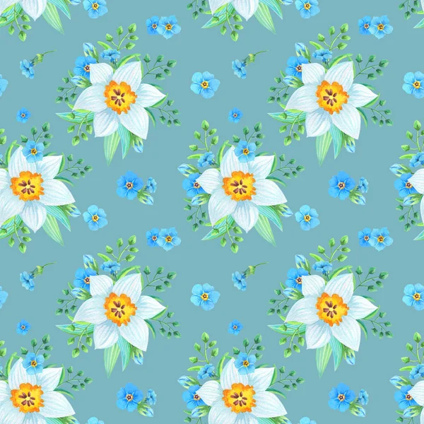 Illustrazione ad acquerello con forget-me-nots, myosotis, narciso su sfondo grigio — Foto Stock