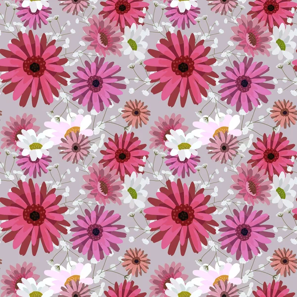 Patrón sin costuras con crisantemos, manzanilla, margarita. Flores rosadas y blancas sobre un fondo gris. Ilustración se puede utilizar para imprimir, textil — Vector de stock